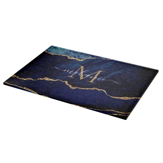 Planche À Découper Agate Blue Gold Marble Coupe Board Nom personnalis (Coin)