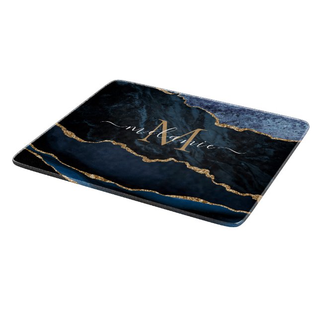 Planche À Découper Agate Blue Gold Marble Nom Lettre Coupe (Coin)