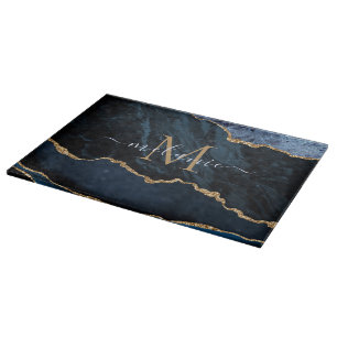 Planche À Découper Agate Blue Gold Marble Nom personnalisé Tableau de