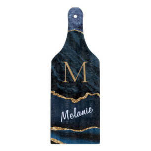 Planche À Découper Agate Blue Gold Marbre Monogramme Nom de la planch