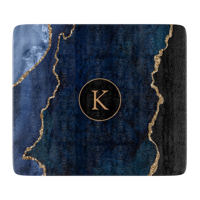 Planche À Découper Agate de monogramme personnalisé bleu marine (Devant)