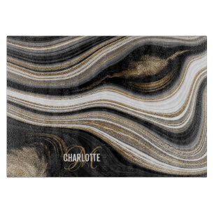 Planche À Découper Agate Noir blanc et or nom du monogramme du fluide