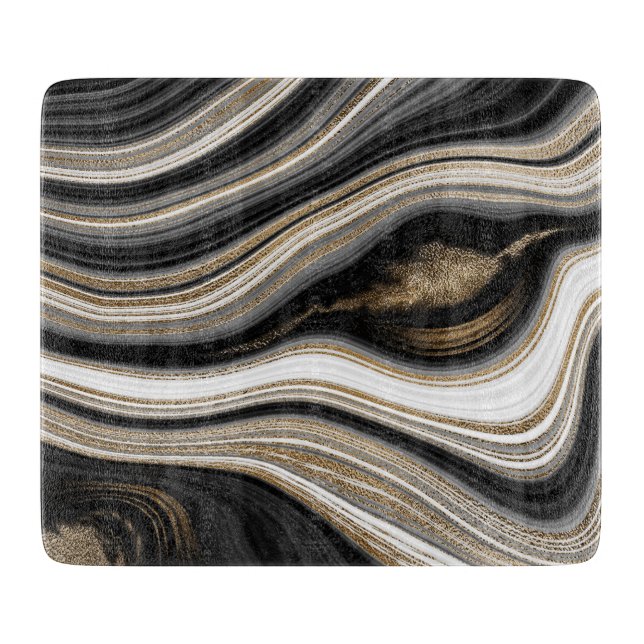 Planche À Découper Agate Noir blanc marbre fluide or (Devant)