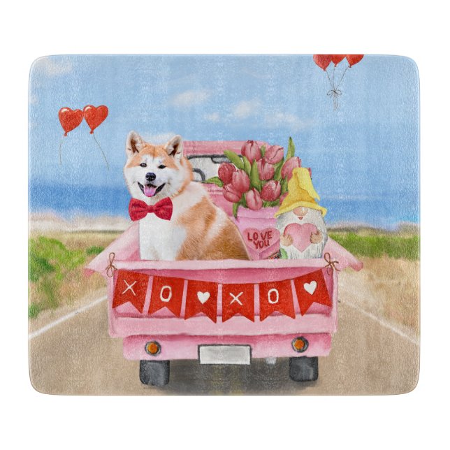 Planche À Découper Akita Chien Saint Valentin Coeurs de Camion (Devant)