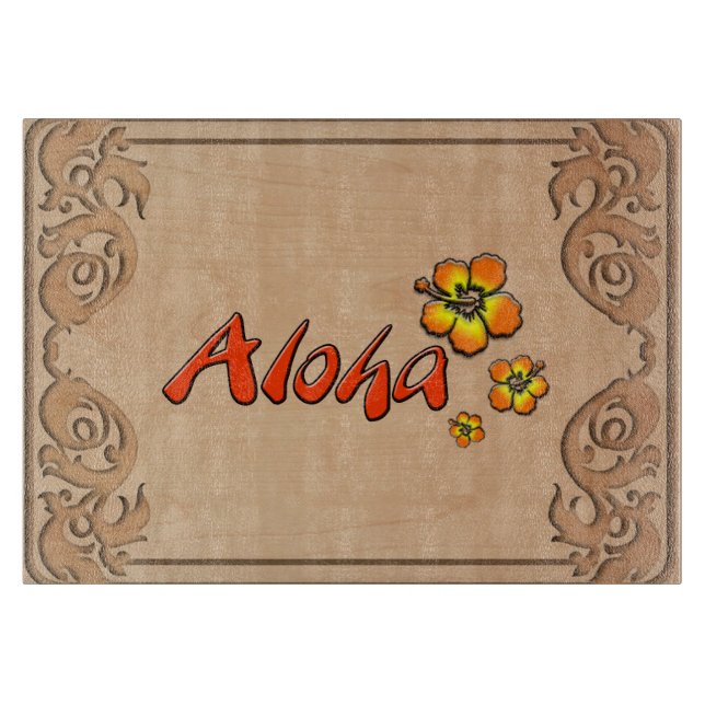 Planche À Découper Aloha hawaïen apparence bois sculpté (Devant)