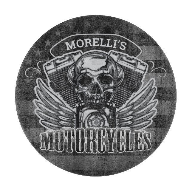 Planche À Découper American Biker AJOUTER LE NOM Skull V-Twin Motos (Devant)