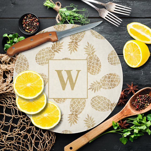 Planche À Découper Ananas Monogram Gold sur ivoire (Créateur téléchargé)