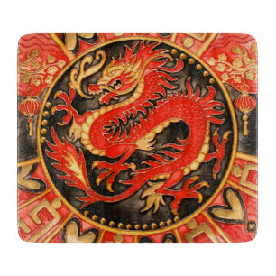 Planche À Découper Ancien Dragon chinois traditionnel Rouge Or Or