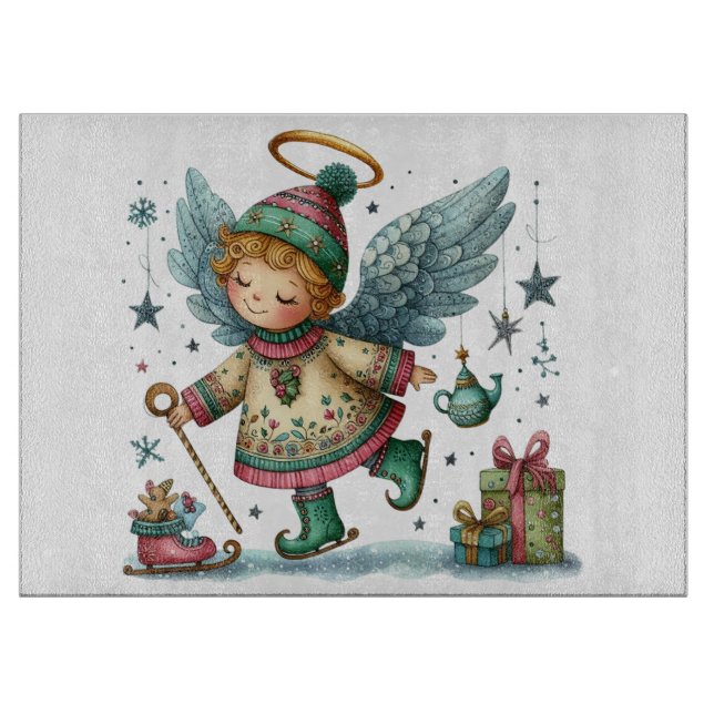Planche À Découper Ange de Noël Whimsical sur patins sur glace (Devant)