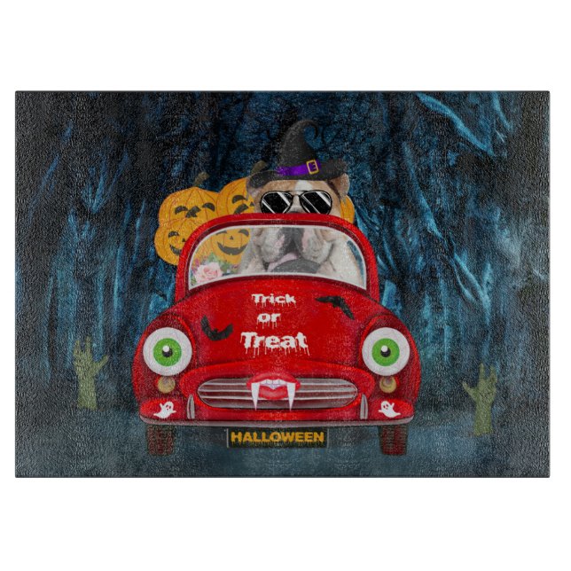 Planche À Découper Anglais Bulldog Driving Car Effrayant Halloween (Devant)