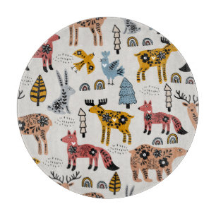 Planche À Découper Animaux scandinaves, floral, motif mignon.