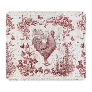 Planche À Découper Antique Vintage Rooster Rouge Toile Floral Script