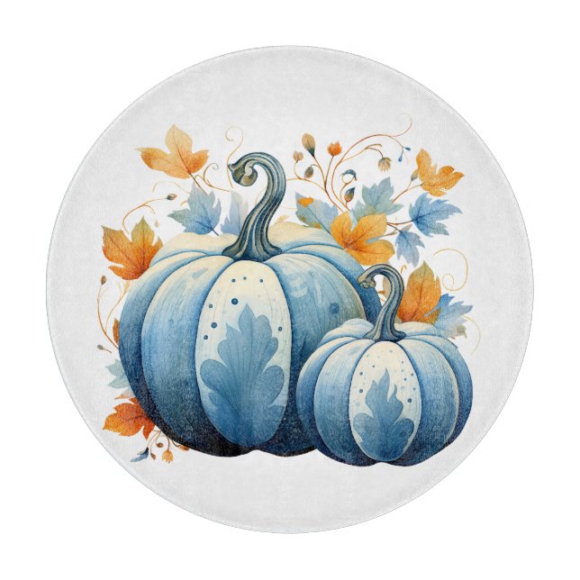 Planche À Découper Aquarelle Bleu Citrouilles et feuilles d'automne (Devant)