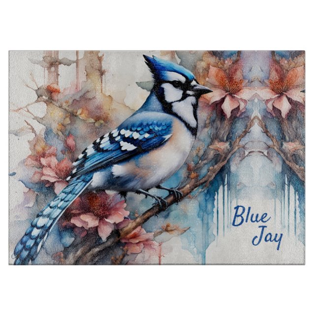 Planche À Découper Aquarelle bleu Jay Cherry Blossoms (Devant)