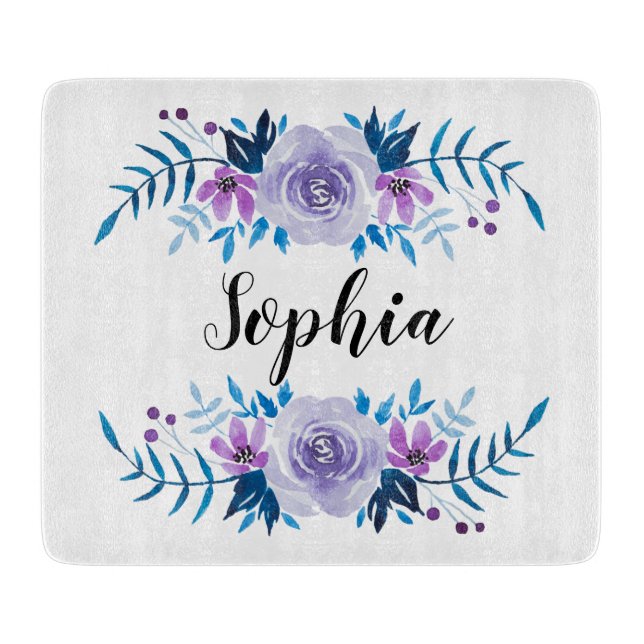 Planche À Découper Aquarelle bleu violet couronne florale Texte perso (Devant)