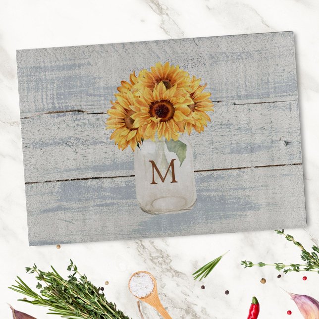 Planche À Découper Aquarelle Bouquet de tournesol rustique dans Mason (In situ)
