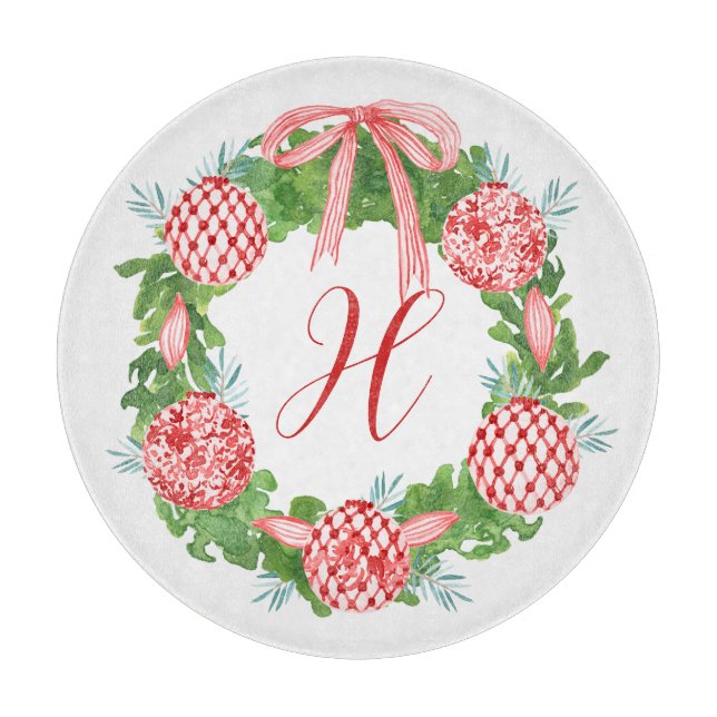 Planche À Découper Aquarelle Chinoiserie Wreath Noël Monogramme (Devant)