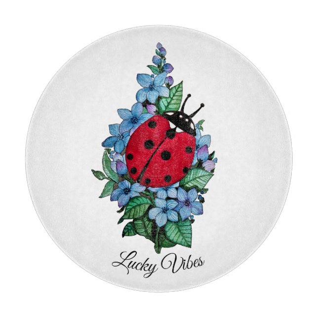 Planche À Découper Aquarelle Cute Ladybird Avec Fleurs Bleues Sauvage (Devant)