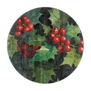 Planche À Découper aquarelle de Noël feuilles de houx botanique 