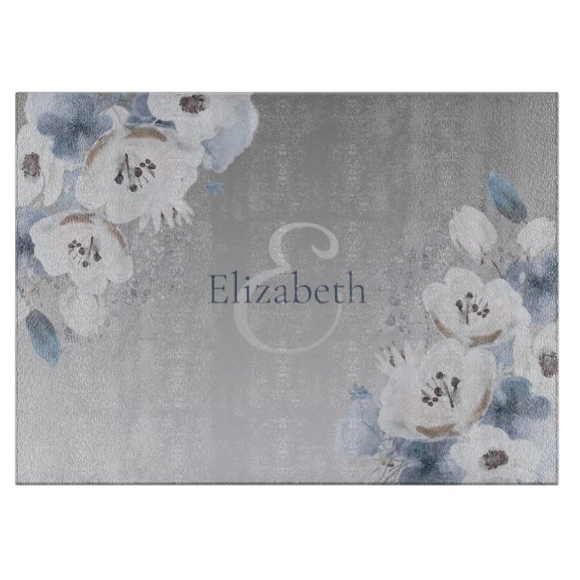 Planche À Découper Aquarelle d'hiver Monogramme floral personnalisé (Devant)