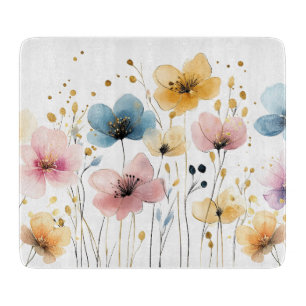 Planche À Découper Aquarelle florale jaune, bleu et rose