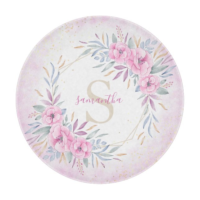 Planche À Découper Aquarelle florale rose monogramme Élégante (Devant)