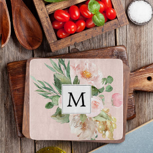 Planche À Découper Aquarelle moderne Fleurs roses Monogrammes