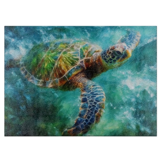 Planche À Découper Aquarelle Natation Tortue de mer (Devant)