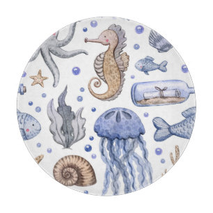 Planche À Découper Aquarelle Peinte à la main Motif de mer.