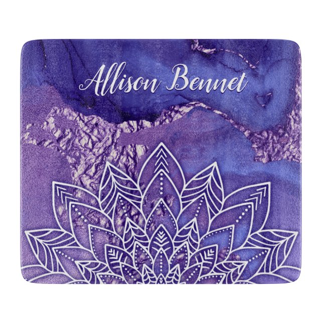 Planche À Découper Aquarelle personnalisée violet blanc Mandala (Devant)