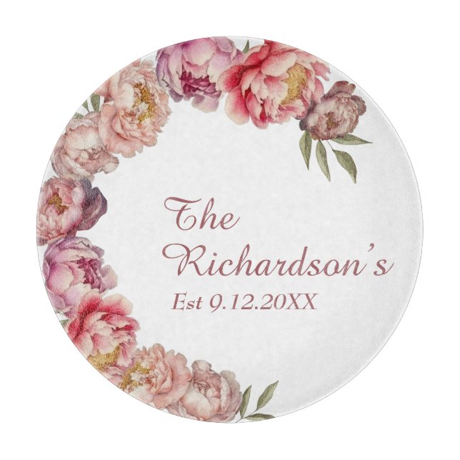 Planche À Découper Aquarelle rose poussiéreuse Peony personnalisé (Devant)