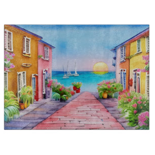 Planche À Découper Aquarelle Village au bord de mer au coucher du sol