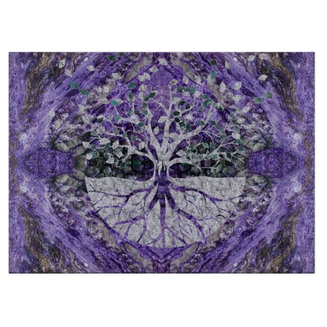 Planche À Découper Arbre de la vie argenté Yggdrasil sur l'améthyste (Devant)