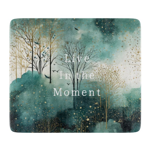 Planche À Découper Arbres verts en or avec oiseaux Noël (Devant)
