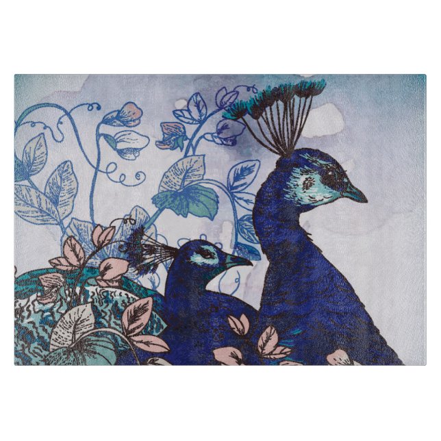 Planche À Découper Arrière - plan floral avec des paons (Devant)
