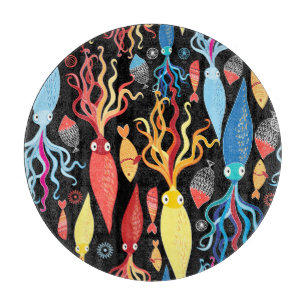 Planche À Découper Arrière - plan noir de poisson calmar multicolore