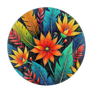 Planche À Découper Art de fleurs tropicales vibrantes