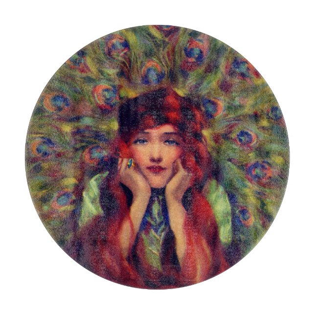 Planche À Découper Art nouveau déco élégante femme paon plumes (Devant)