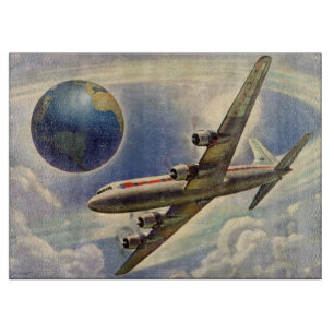 Planche À Découper Avion vintage volant autour du monde dans les nuag