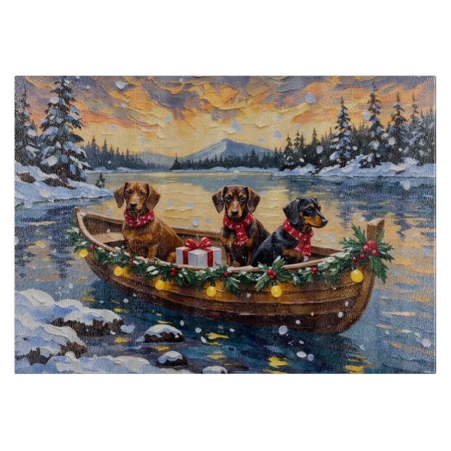 Planche À Découper Bateau de Noël de teckel pour les fêtes (Devant)