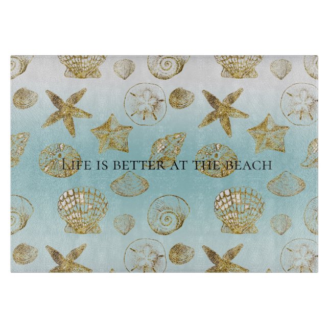 Planche À Découper Beach Gold Sea Shells Aqua Blue Ombre (Devant)