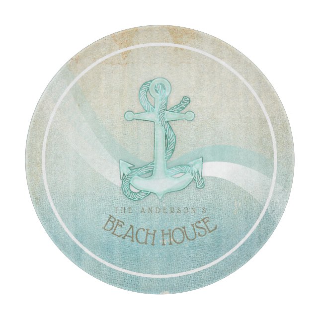 Planche À Découper Beach House Ancre nautique et corde Aqua ID623 (Devant)