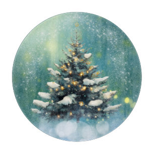 Planche À Découper Beau sapin de Noël avec lumières de neige et d'or