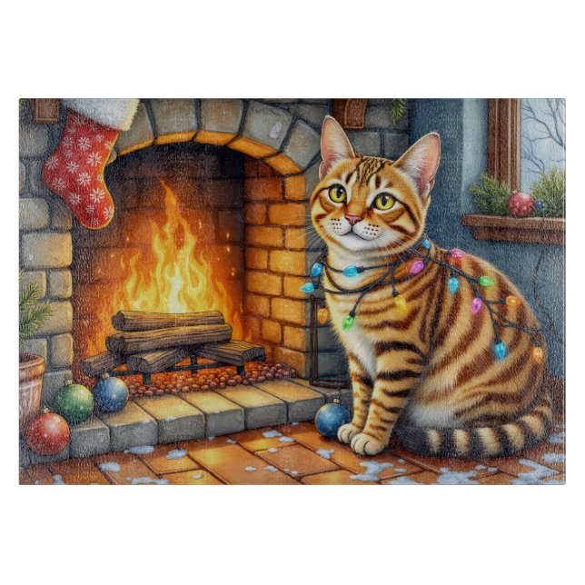 Planche À Découper Bengal Cat Fireplace with Christmas Lights (Devant)
