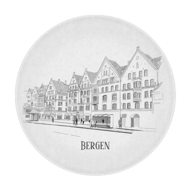 Planche À Découper Bergen Norvège Streetscape Belle ligne de dessin (Devant)