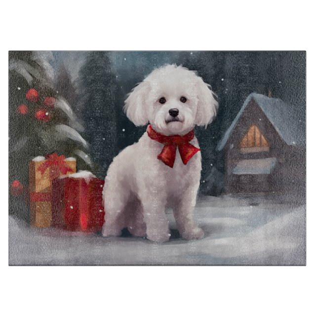 Planche À Découper Bichon Frise Dog à Noël de neige (Devant)