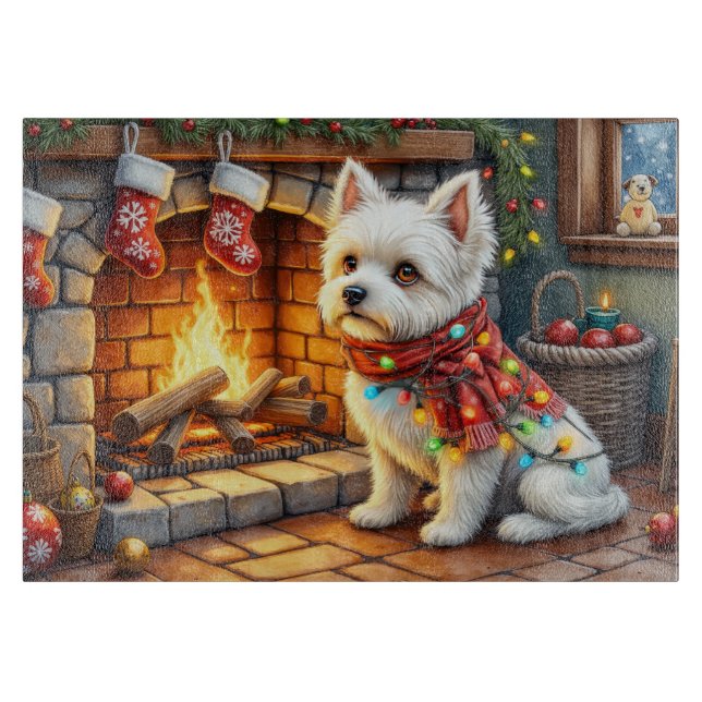 Planche À Découper Bichon Frise Fireplace with Christmas Lights (Devant)