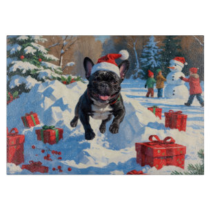 Planche À Découper Black French Bulldog Festive de Noël Scène de neig