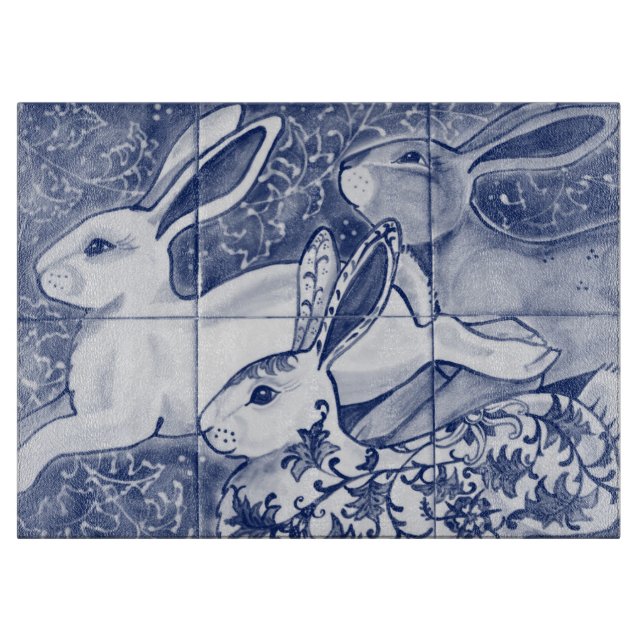 Planche À Découper Bleu blanc lapin lièvre Carrelage Chinoiserie Flor (Devant)