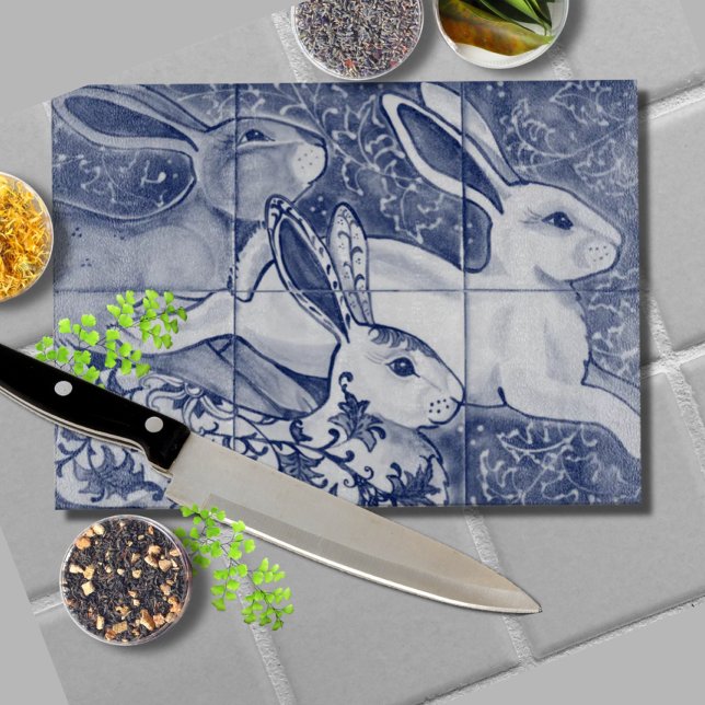 Planche À Découper Bleu blanc lapin lièvre Carrelage Chinoiserie Flor (Créateur téléchargé)